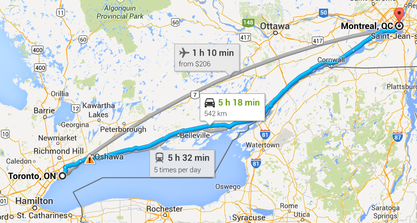 542km, the distrance from the Toronto to Montreal